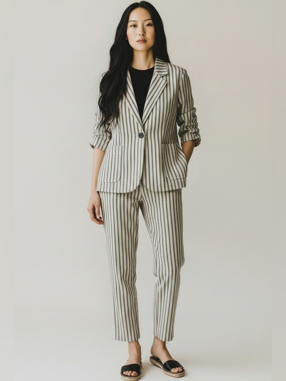 Karen Kane Cream and Black Striped Straight-Leg Pantsuit